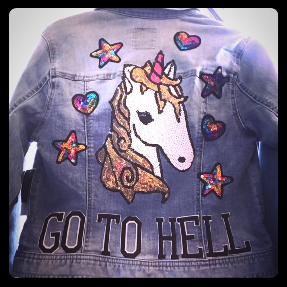 One of one unicorn “go to hell” denim Jean jacket made by me